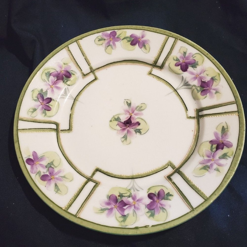 Nippon Porcelain Dish 6.25" Purple Flowers W/Moriage (SeeDescp.) VTG Handpainted